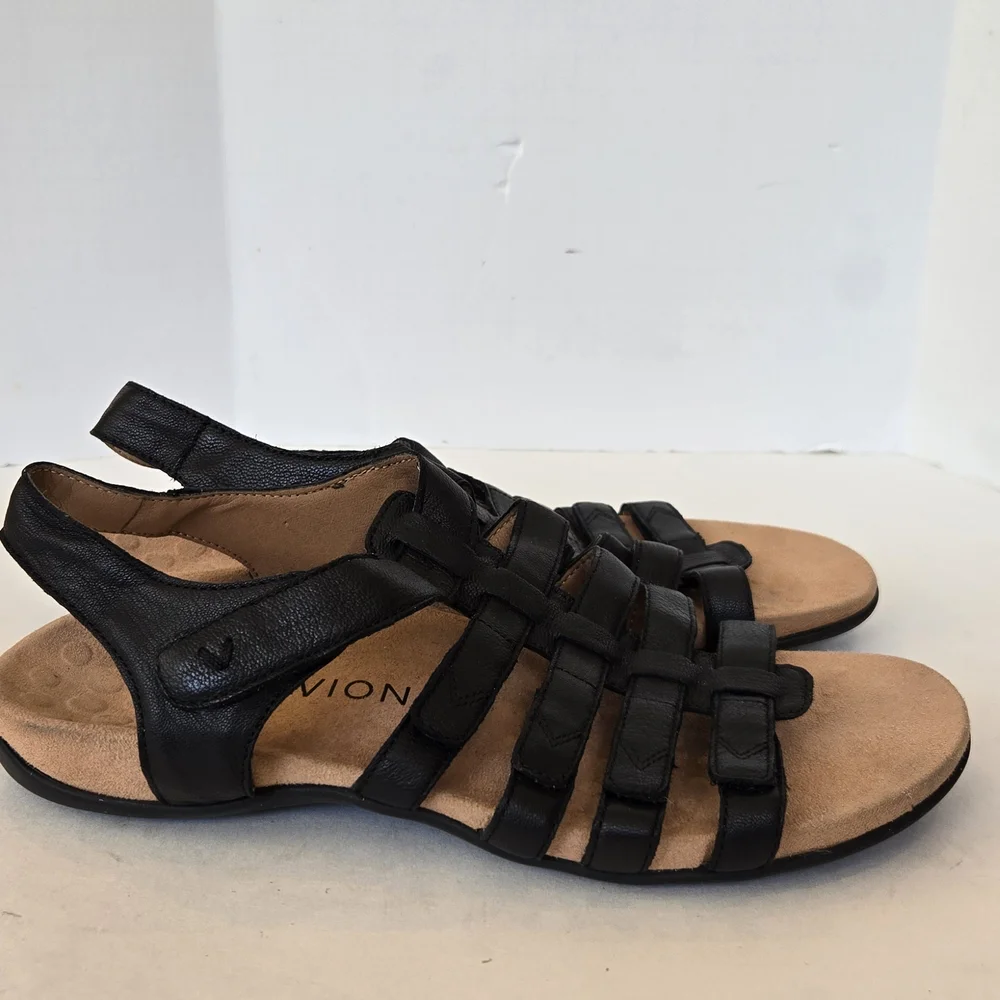Vionic Black Genuine Leather Comfort Strappy Sandals